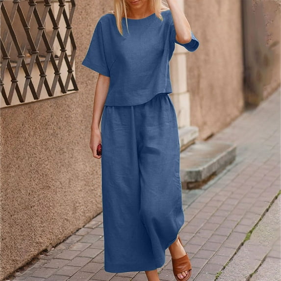 Mrasaso Summer Outfits for Women Cotton Linen 2 Piece Lounge Sets Short Sleeve Round Neck Tops Wide Leg Pants Tracksuits Navy 3XL