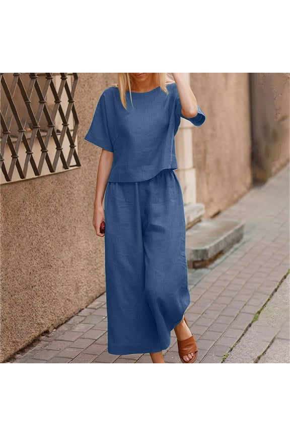 Summer Outfits for Women Cotton Linen 2 Piece Lounge Sets Short Sleeve Round Neck Tops Wide Leg Pants Tracksuits Navy L