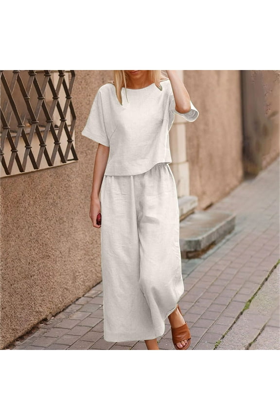 Summer Outfits for Women Cotton Linen 2 Piece Lounge Sets Short Sleeve Round Neck Tops Wide Leg Pants Tracksuits White XL