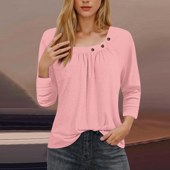 Mrasaso Up to 60% Off,Women Polyester Top,Women's Fashion 3/4 Sleeved Blouse T-shirt Casual Top,Easygoing and Chic for Casual DaysPink L