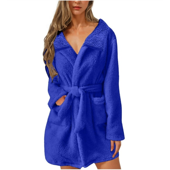Mrasaso Womens Fuzzy Robe Mid Length Bathrobe Belted Soft Bath Robes Plush Kimono Robe with Pockets Fall Winter Spa Robes on Clearance
