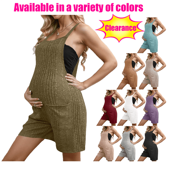 Mrasaso Womens Pants Elastic Waistband with Zipper for Nursery School Visits Women's Pregnant Women Solid Color Sleeveless Pocket Bib Shorts Jumpsuit Army Green Xl
