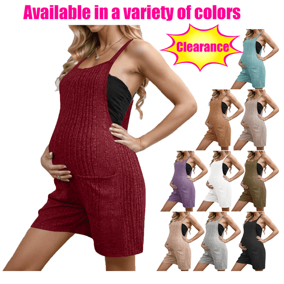 Mrasaso Womens Postpartum Stretch Belly Panel with Zipper for Suburban Errands Women's Pregnant Women Solid Color Sleeveless Pocket Bib Shorts Jumpsuit Red M