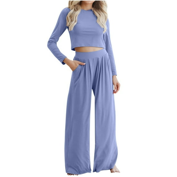 Mrat 2 Piece Athletic Suit Set Women's Casual Solid Color Plus Size 2 Piece Sets Long Sleeve Round Neck Tops and Long Pants Business Casual Outfits S-191 Blue S