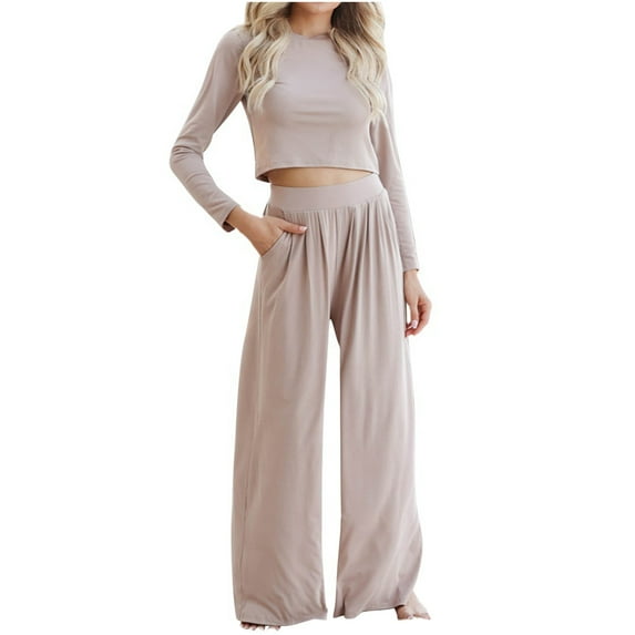 Mrat 2 Piece Jogger Tracksuit Women's Casual Solid Color Plus Size 2 Piece Sets Long Sleeve Round Neck Tops and Long Pants Sweatsuit Sets S-191 Khaki S