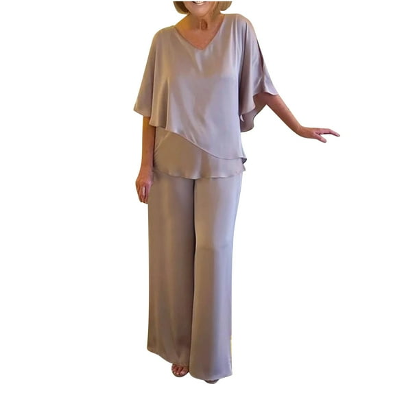 Mrat 2 Piece Running Tracksuit Mother of Bride Dressy for Wedding Two Piece Vintage Satin Pantsuits Formal 3/4 Sleeve Irregular Hem Tops Loose Pants Women Guest Outfit S-52 Khaki M