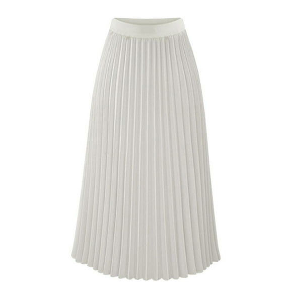 Mrat A-Line Flowy Skirt Fashion Women Loose Casual High Waist Solid Long Ankle Pleated Skirt Flared Midi Skirt S-103 White L