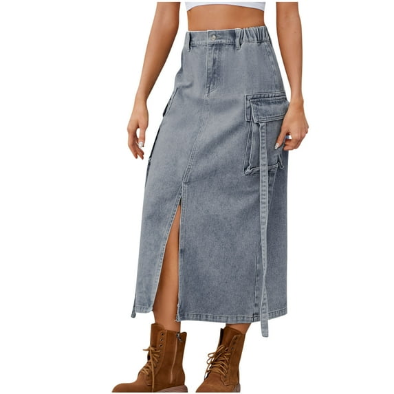 Mrat A-Line Flowy Skirt Women's Spring/Summer Denim Casual Wear Pocket Skirt Casual Mid Length Split Skirt Pencil Skirt S-120 Light Blue M