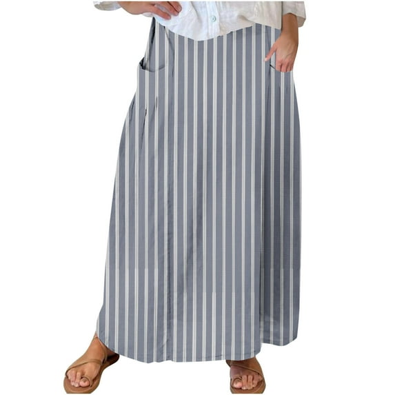 Mrat A Line Skirt Women's Casual Retro Floral Skirts Linen Elastic Waist Pleated Maxi Skirt with Pockets Plus Size Skirts S-156 Gray 3XL