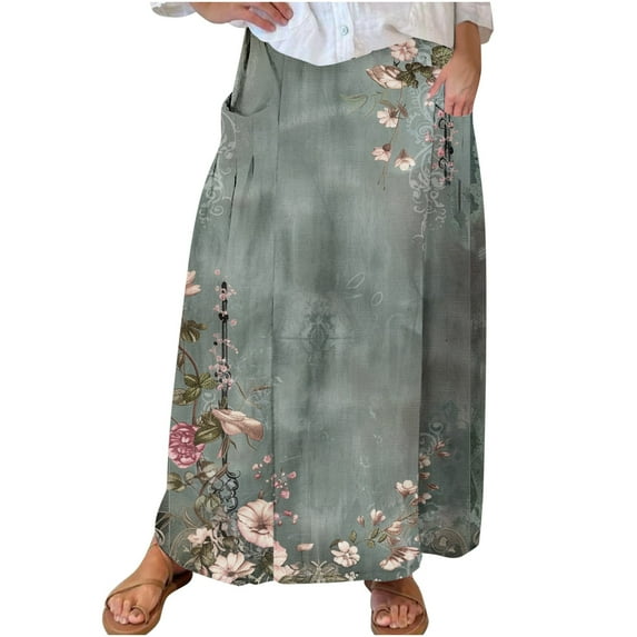 Mrat A Line Skirt Women's Casual Retro Floral Skirts Linen Elastic Waist Pleated Maxi Skirt with Pockets Plus Size Skirts S-308 Green 4XL