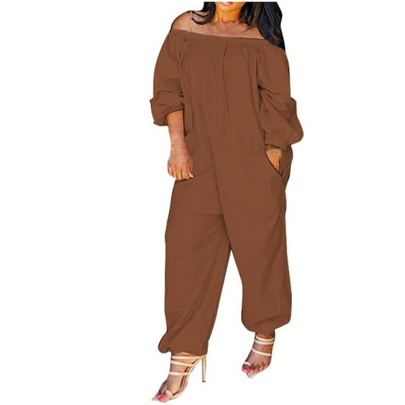 Mrat Athletic Jumpsuits Trendy Women Casual Prind Shoulder Button Suspender Jumpsuits Wide Pocket Leg Pant Womens Jogging Pants S-149 Brown M