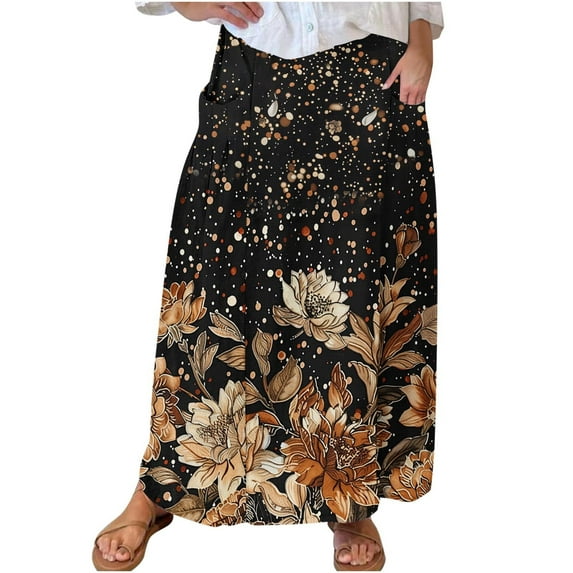 Mrat Athletic Skirts Women's Casual Retro Floral Skirts Linen Elastic Waist Pleated Maxi Skirt with Pockets Plus Size Skirts S-185 Multicolor XXL