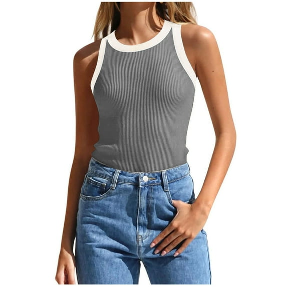 Mrat Athletic Tank Tops Womens Summer Sleeveless Tank Tops Ribbed High Neck Racerback Slim Fitted Color Block Casual Shirts Open Back Tank Tops for Women S-326 Gray XL