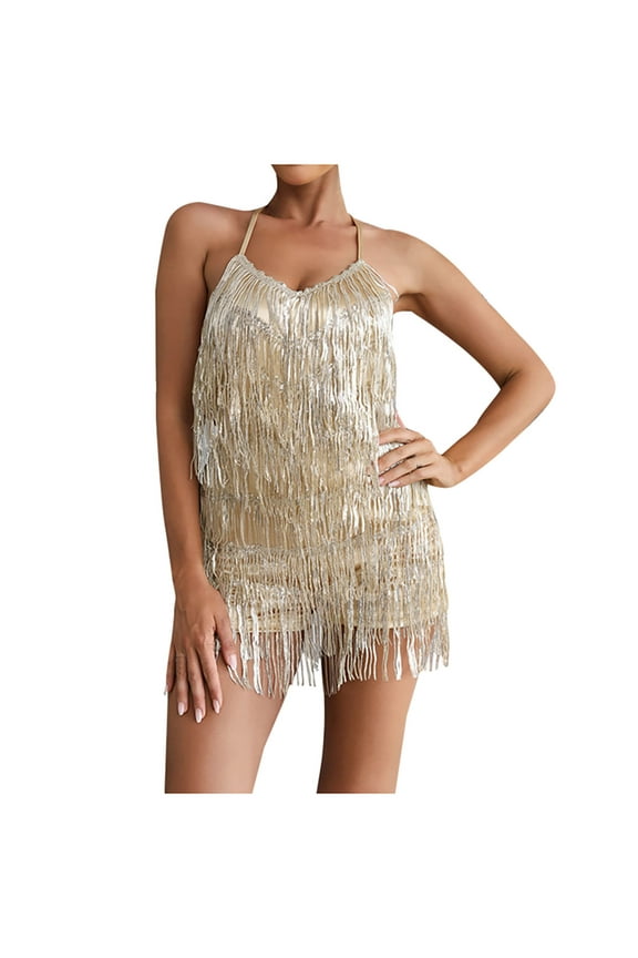 Backless Fringe Dress Jumpsuit for Womens Club Sequin Tassel Tiered Playsuit Festival Bodysuit Romper Women's Linen Pant S-6 Gold S