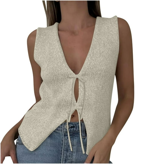 Mrat Basic Knit Sleeveless Shirts Women Crochet Tops Vintage Solid Color V Neck Sleeveless Cropped Tops Streetwear S-174 White M