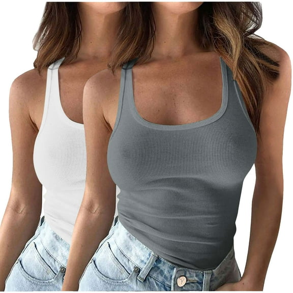 Mrat Basic Knit Sleeveless Shirts Women's Sleeveless Tank Tops 2 Pc Casual Slimfitting Scoop Neck Workout Tops Ribbed Knit Basic Cami Tee Shirts S-140 Gray 4XL