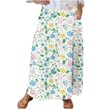 Mrat Beach Skirt Women's Casual Retro Floral Skirts Linen Elastic Waist Pleated Maxi Skirt with Pockets Plus Size Skirts S-247 Green M