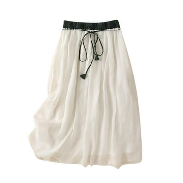 Mrat Beach Skirts Dress Women's Summer Solid Elastic Waist Cotton Linen Ankle Skirt Front Drawstring Denim Skirts S-35 White XL
