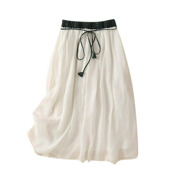 Mrat Beach Skirts Dress Women's Summer Solid Elastic Waist Cotton Linen Ankle Skirt Front Drawstring Denim Skirts S-35 White XL