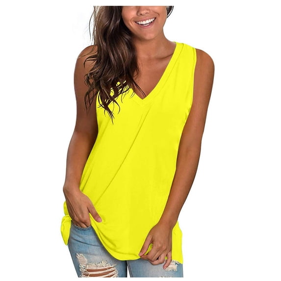 Mrat Beach Tank Tops Women's Fashion Solid Loose Sleeveless V-Neck T-Shirt Pullover Tops Crochet Tank Tops for Women S-505 Yellow 3XL