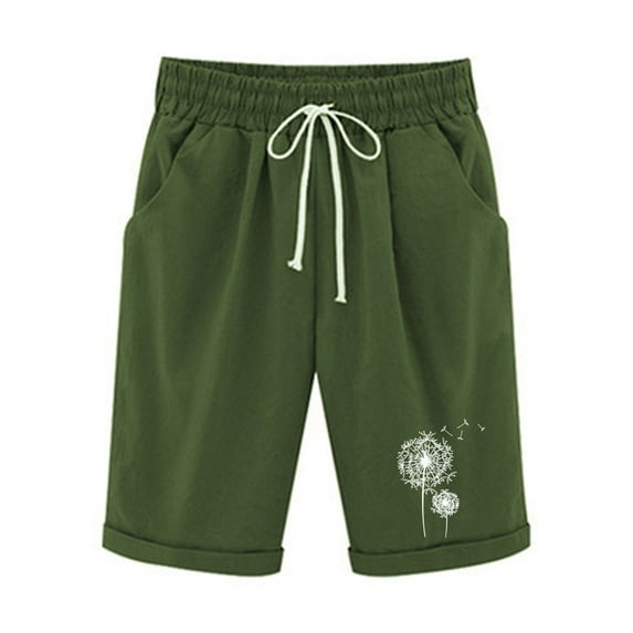 Mrat Bermuda Shorts for Women Knee Length Cotton Linen Shorts 10” Long Shorts Casual Plus Size Shorts Elastic Waist Half Knee Pants with Pockets Beach Shorts S-22 Green XXL