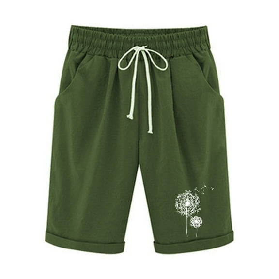 Mrat Bermuda Shorts for Women Knee Length Cotton Linen Shorts 10” Long Shorts Casual Plus Size Shorts Elastic Waist Half Knee Pants with Pockets Beach Shorts S-22 Green XXL