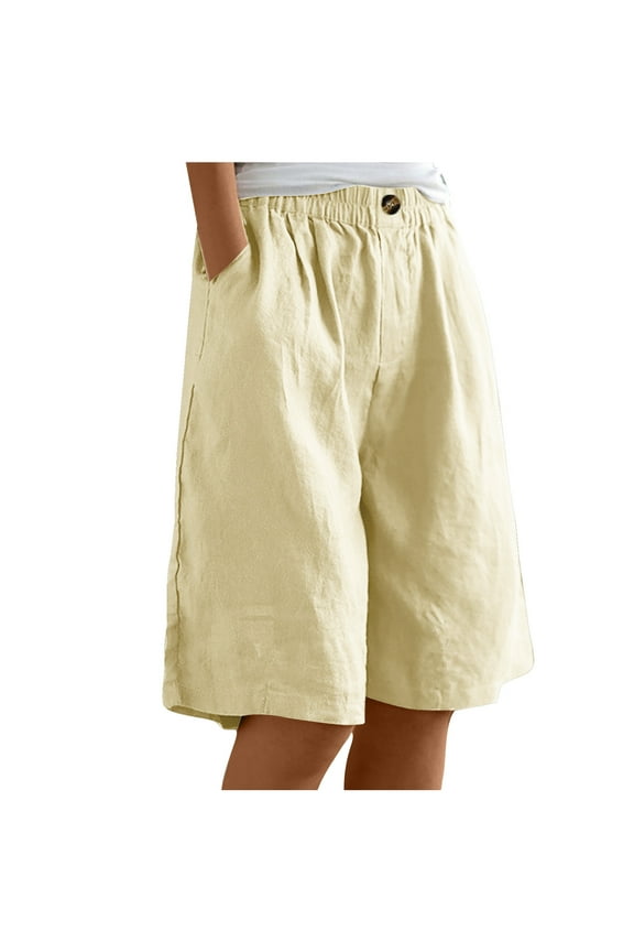 Bermuda Shorts for Women Knee Length Linen Shorts Elastic Waist Button Half Knee Pants with Pockets S-4 Beige L