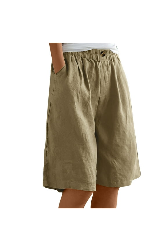 Bermuda Shorts for Women Knee Length Linen Shorts Elastic Waist Button Half Knee Pants with Pockets S-4 Khaki XXL