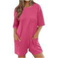 thumbnail image 1 of Mrat Black Dressy Jumpsuits Women's Oversized Athletic Tee Romper V Neck Half Short Sleeve Workout Rompers Casual Shorts Jumpsuit with Pockets High-Elastic Waist Pants S-97 Pink-A m, 1 of 9