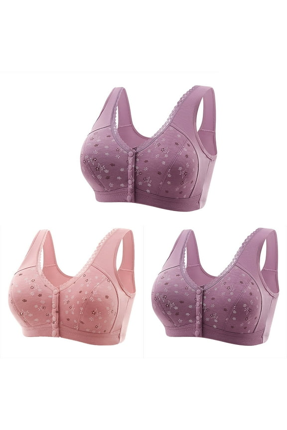 Bra Yoga Workout Crop Tops 3pc Women Front Buckle for Middle-Aged and Elderly Underwear Soft Cotton Oversized Tank Tops Without Steel Ring Printed Bra S-451 Pink-A 3XL