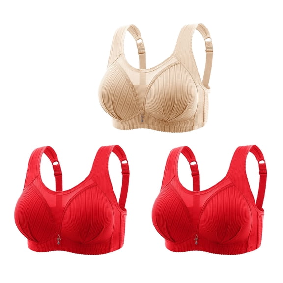Mrat Bras for Women Wirefree Bralette 3pc Plus Size Bra Lace V-Neck Breathable Bras Behind Buckle Comfortable Brassiere No Steel Gatheredtogether Daily Underwear S-165 Khaki XL