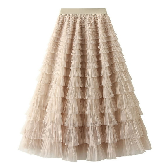 Mrat Bubble Skirt Women's Solid Color Ruffled Mesh Skirt High Waist Prom Poached Skirt Half-Length Skirt Print Skirts S-159 Beige M