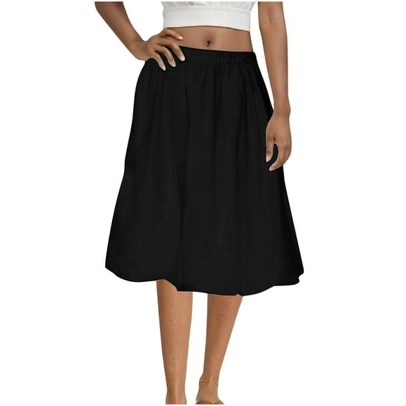 Mrat Bubble Skirts for Women Women's Bubble Midi Skirt High Waisted Lantern Puffy Skirt Summer Ruffle Hem A-line Skirts S-47 Black L