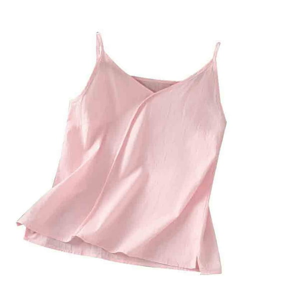 Mrat Built In Bra Tank Tops Women's Summer Casual Fashion Comfort Solid Color Loose Round Neck Sleeveless Cotton and Linen Tops Casual Tank Tops for Women S-156 Pink-A M