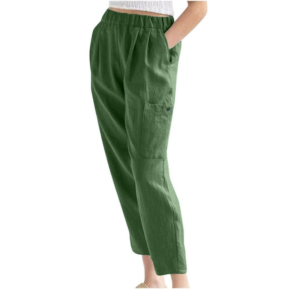 Mrat Business Trousers with Pockets Women Summer Pants Casual Solid Color Elastic Waist Linen Pockets Pants Leggings Workout Pants with Pockets Army-Green L