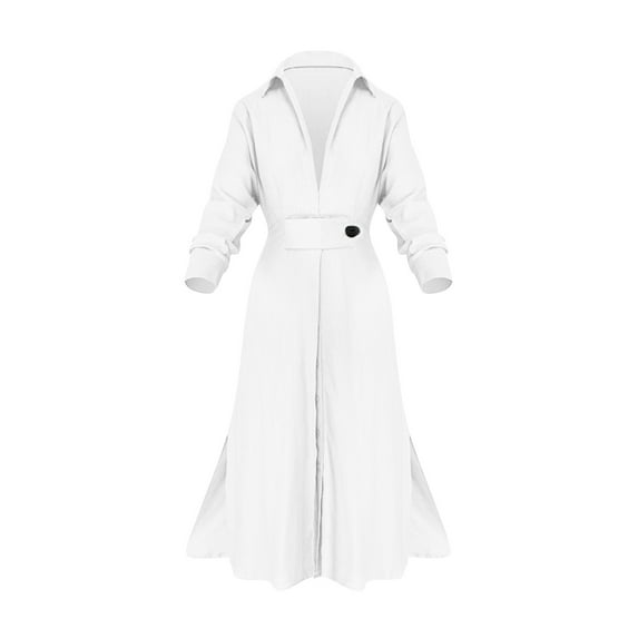 Mrat Bussiness Dress Women Long Sleeve Lapel Collar Long Shirt Dress Loose V-Neck Dress Button Belt Waist Dress with Pockets S-87 White L