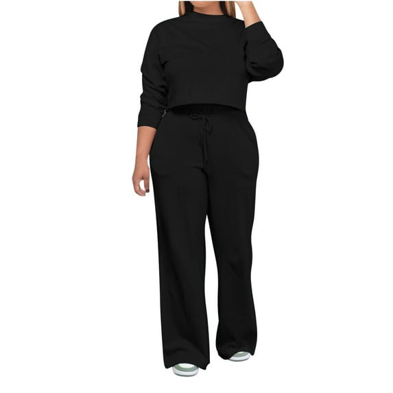Mrat Button Long Sleeve Outfits Casual 2 Piece Outfits for Women Long Sleeve Cropped Tops Sweatsuit Wide Leg Long Pants Sets Tracksuit with Pockets S-64 Black XXL