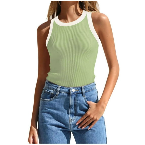 Mrat Camisole Tops Women Built In Bra Womens Summer Sleeveless Tank Tops Ribbed High Neck Racerback Slim Fitted Color Block Casual Shirts Lace Camisole S-272 Mint Green XXL