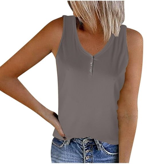 Mrat Camisoles with Built In Bra Women's Striped Round Neck Button Elastic Tank Tops Crop Tank Tops for Women S-307 Gray S