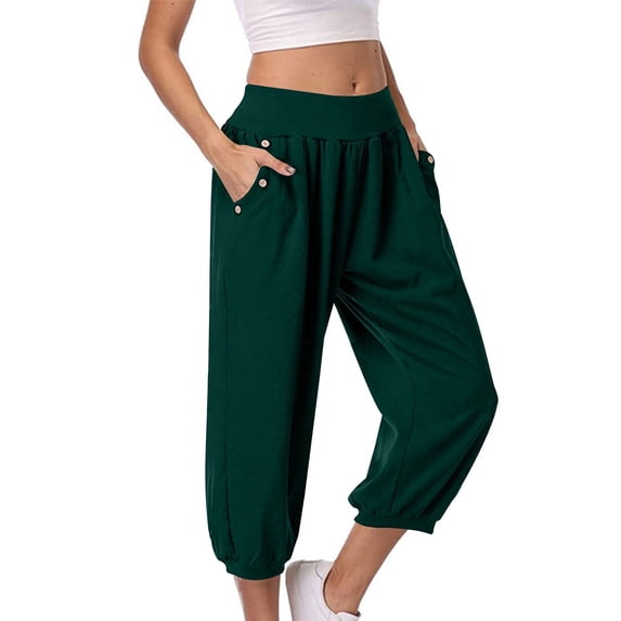 Mrat Capris Joggers for Women Stretchy Athletic Pants High Waisted Workout Cropped Pants Loose Casual Capris Trousers S-36 Green L
