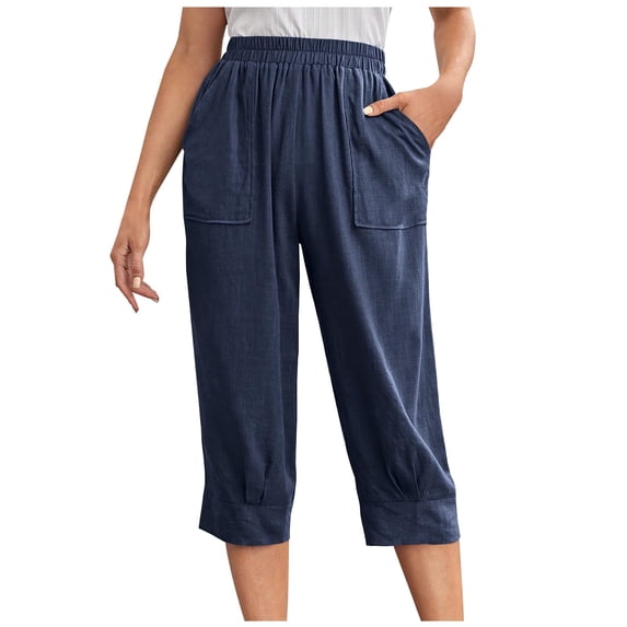 Mrat Capris Pants for Women Elastic Waist Cotton Linen Straight Wide Leg Drawstring Trousers Wide Leg Loose Workout Hiking Cropped Pants Trousers with Pockets Navy XXXL