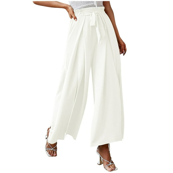 Mrat Capris Pants for Women Summer Bow Casual Loose Satin Cargo Pants Bell Bottom Pants High Waist Pleated Wide Solid Trousers Pants White M