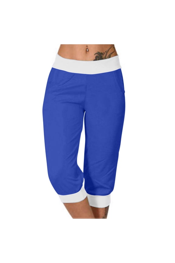 Capris Sweatpants for Women High Waist Capris Elastic Cropped Leggings Workout Running Pants with Pockets S-52 Blue S