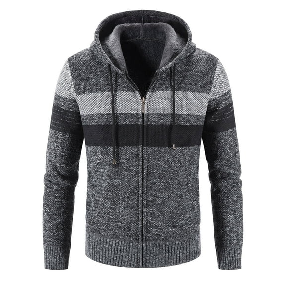 Mrat Cardigan Casual Fall Cardigan Autumn and Winter New Men's Color Matching Fleece Hooded Cardigan Chunky Knit Cardigan