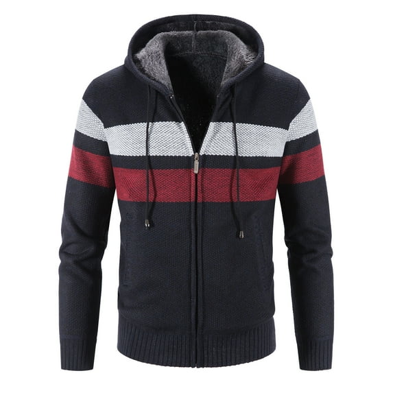 Mrat Cardigan Knit Button Down Cardigan Autumn and Winter New Men's Color Matching Fleece Hooded Cardigan Crew Neck Knit Cardigan