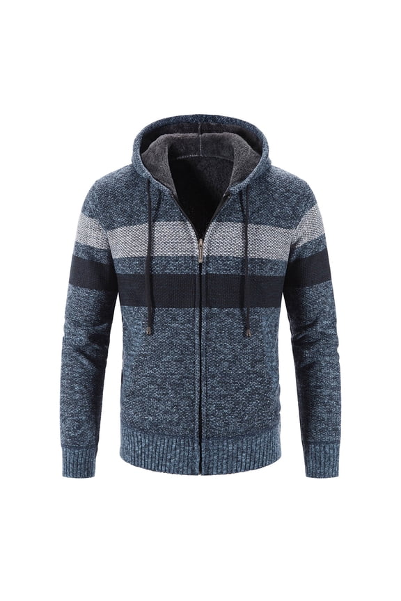 Cardigan Long Sweater Cardigans Autumn and Winter New Men's Color Matching Fleece Hooded Cardigan Mid-Long Cardigan