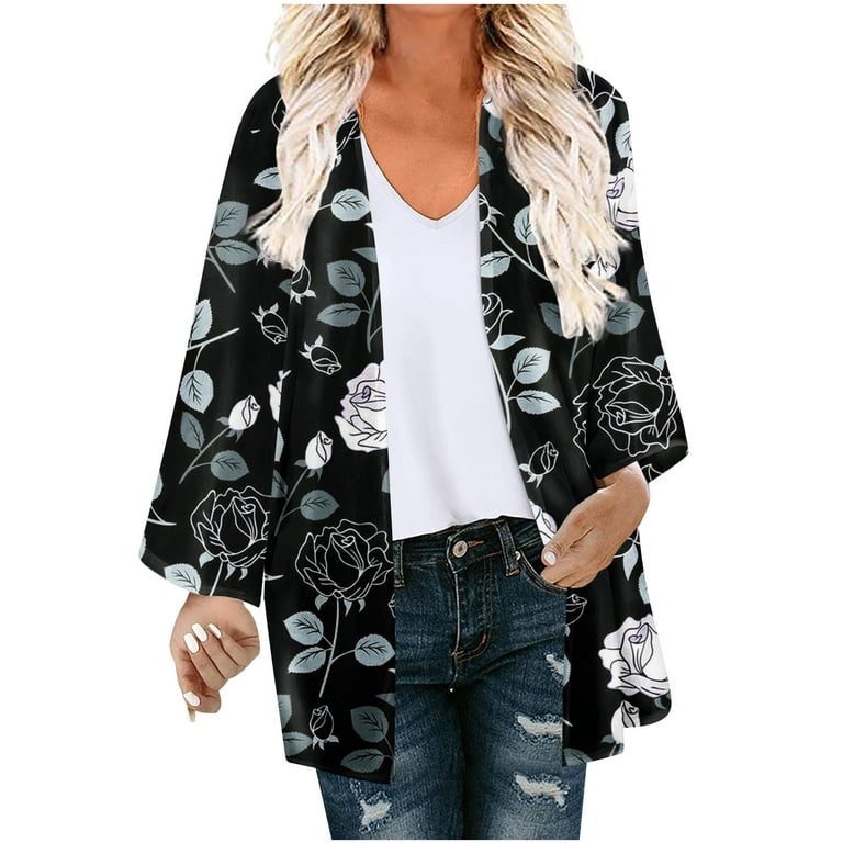 Mrat Cardigan for Women Lightweight Floral Print Puff Sleeve Womens  Cardigans High Low Hem Draped Duster Cardigan Loose Chiffon Cover Up Casual  Blouse Tops Cotton Tunic Tops Black S 