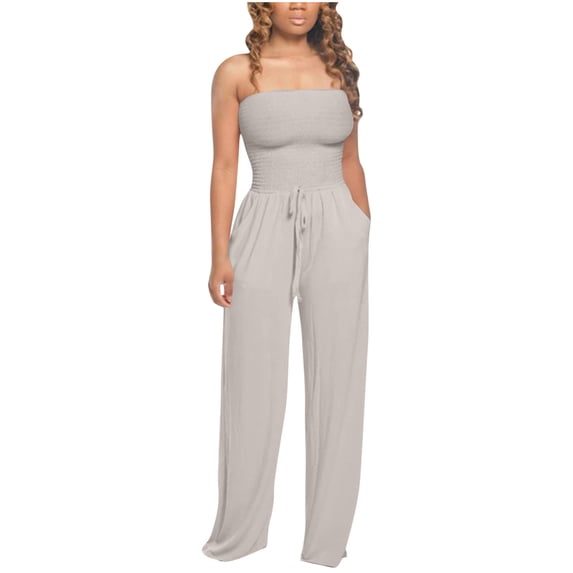 Mrat Cargo Pants Women Jumpsuit Bandeau Strapless Elastic Waist Drawstring Rompers Wide Leg Jumpsuit Rompers with Pockets Loose Sleeveless Trousers Gray M