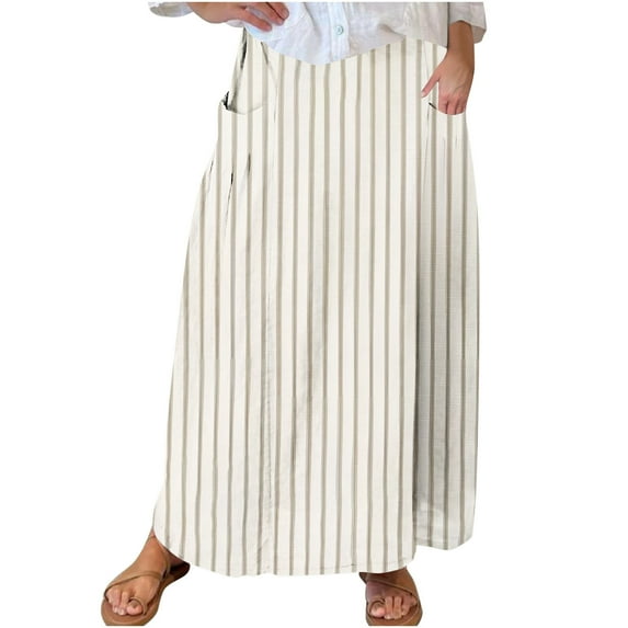 Mrat Cargo Skirts for Women Women's Casual Retro Floral Skirts Linen Elastic Waist Pleated Maxi Skirt with Pockets Plus Size Skirts S-156 Khaki L