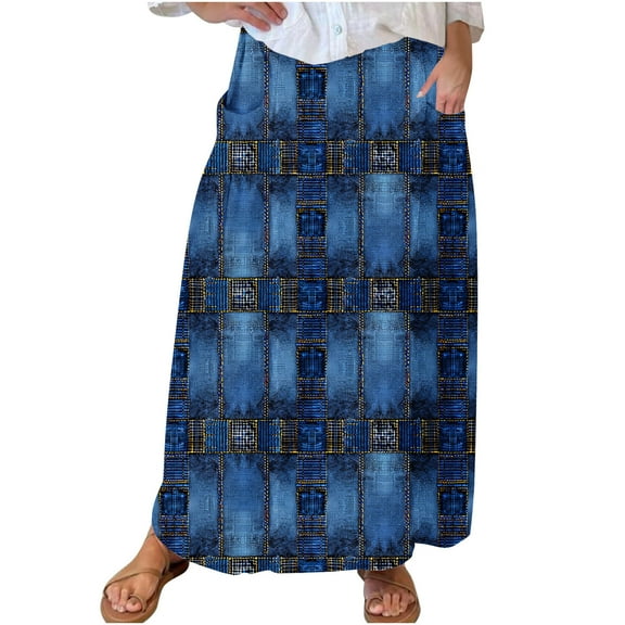Mrat Casual Skirt Women's Casual Retro Floral Skirts Linen Elastic Waist Pleated Maxi Skirt with Pockets Plus Size Skirts S-294 Dark Blue 5XL